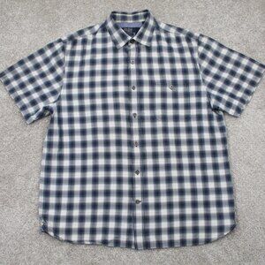 Nat Nast Shirt Men Large American Fit Blue/White Checkered S/S Silk/Cotton Blend